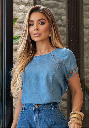 Blusa Jeans Tencel Manga Curta Bordada Omni Vinci – 50836