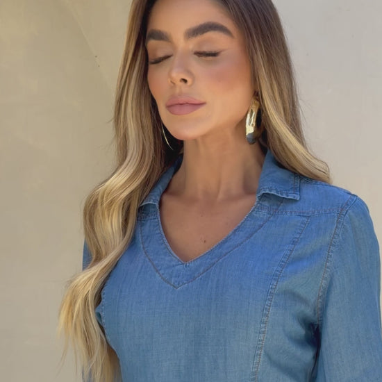 Blusa Jeans Tencel Feminina Manga 3/4