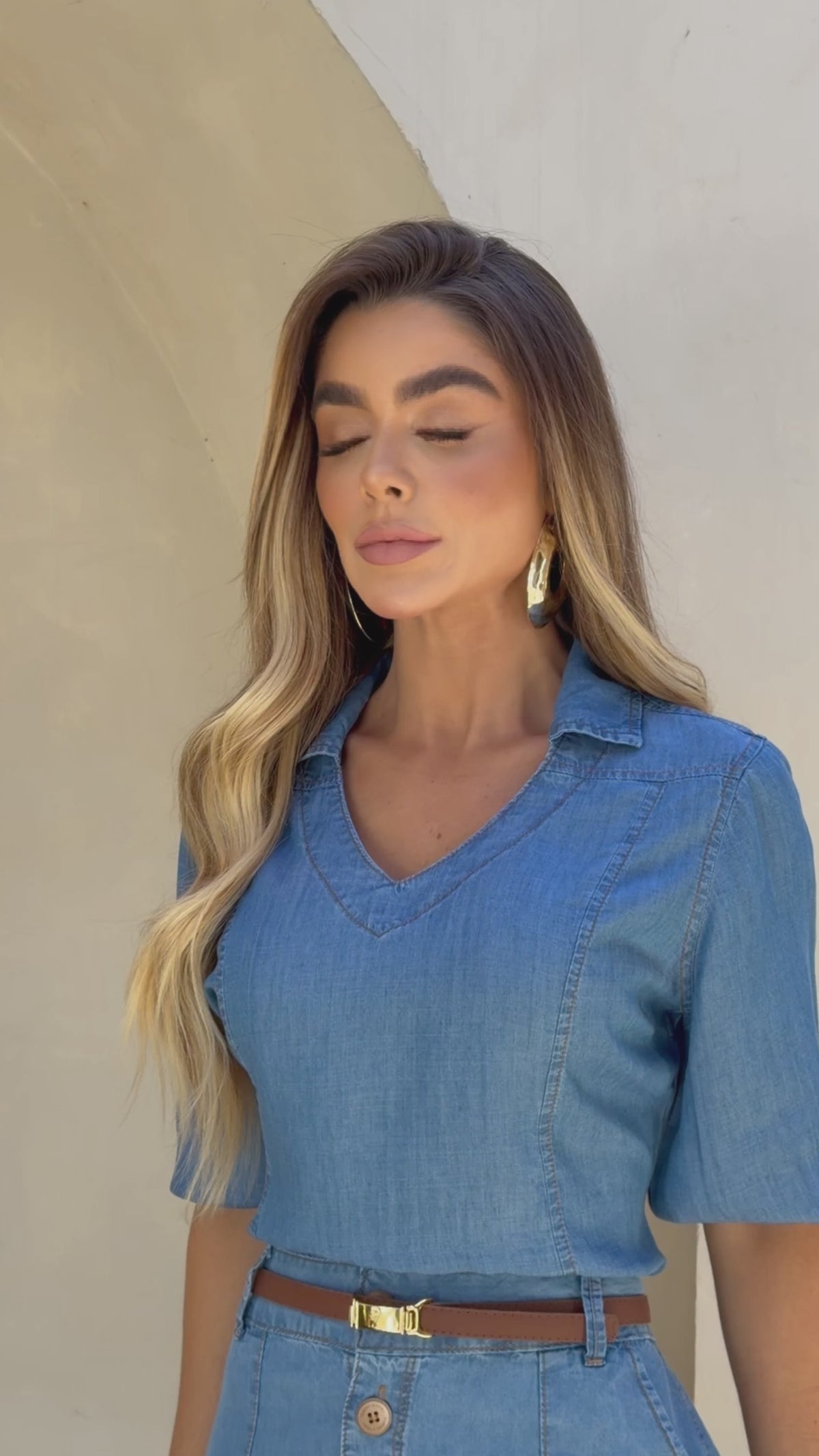 Blusa Jeans Tencel Feminina Manga 3/4