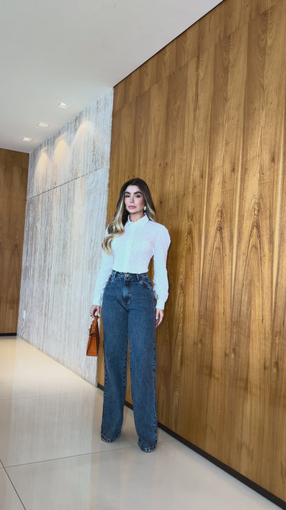 Calça Jeans Feminina Wide Leg Cintura Alta 100% Algodão -  10702